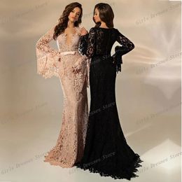 Beautiful Pink Black Mermaid Lace Long Sleeves Special Occasions Evening Dress Women's Prom Party Gown