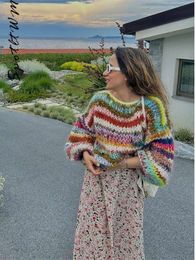 Women Colorful Stripe Woolen Sweater Casual O Neck Lantern Sleeve Plush Woven Pullover Coats Autumn Fashion Knitwear Tops