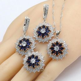 Necklace Earrings Set Silver Colour For Women Blue Green Yellow Multi Ring Pendant Gift