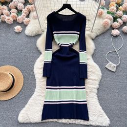 Casual Dresses Elegant Stripe O Neck Long Sleeve Knit Pencil Dress Slim Basic Fashion Sweater Vestido Sexy Women Winter Clothing