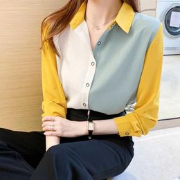 Women's Blouses Korean S-3XL Oversize Shirt 2023 Block Color Long Sleeve Chiffon Women Bottom Loose Top Streetwear Casual