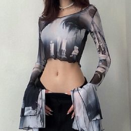 Women's T-Shirt Harajuku Grunge Clothes Y2k Goth Dark Aesthetic Mesh Transparent Top With Print Tops Gothic Flare Sleeve Shirts Sexy Streetwear 230421