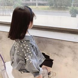 Jackets 2023 Pearls Beading Denim Jacket For Girls Fashion Coats Children Clothing Autumn Baby Clothes Outerwear Jean Coat