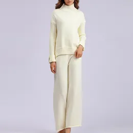 Women's Two Piece Pants Knitted Half High Neck Loose Sweater 2 Set Long Sleeve & Trouser Suit Cozy Comfy Loungewear Daily