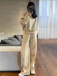 Women's Two Piece Pants Insozkdg Winter 2023 Female Sweatshirt Pantsuit Women Set Pullover O-neck Long SleeveTop Lace-up Wide Leg Suit