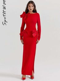 Fashion Hollow Out Red Bow Midi Dress Women Sexy O neck Long Sleeve Backless Slim Split Dresses Elegant Female Night Party Robes