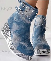 Boots Wedges Heels Platform Women Boots 2024 New Denim Ankle Boots Fashion Belt Buckle Side Zipper Women's Short Boots T231121