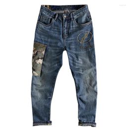 Men's Jeans Straight Haren Camouflage Pocket Splice Embroidered Denim Pants Vintage Washed Loose Trousers Male