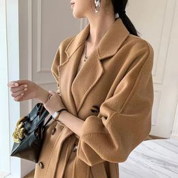 Women's Wool Blends Korean Women Handmade Hepburn Coat Doublesided Doublebreasted Cashmere Long Woollen Jacket Grey Outerwear 231120
