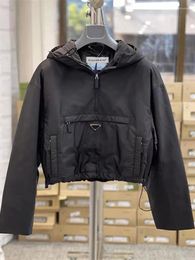 Women's Hoodies Black Hooded Short Coat Women 2023 Spring Nylon Sweater Versatile Jacket Top High Quality Brand Desiger Loose Sport