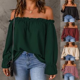 Women's Blouses 2023 Autumn Winter Everyday Off Collar Chiffon Shirt Solid Colour Pullover Female Sexy Off-shoulder Clothes