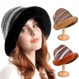 Berets Women Striped Dome Bucket Hat Fur Ethnic Style Winter Warm Woollen Fabric Thickened Ear Protection Cap Casual Fashion Accessories