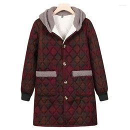 Women's Trench Coats Winter Mid-Long Cotton Jacket Women 2023 Loose Hooded Plaid Coat Single-Breasted Outerwear Fashion Pocket Overcoat