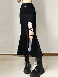 Skirts Zoki Gothic Black Sexy Slit Mermaid Women Fashion Hollow Out High Waist Midi Streetwear Harajuku All Match Summer 230420