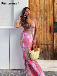 Elegant Print Backless Straps Midi Dress Women Sexy V neck Sleeveless Lace up Sling Dresses Female New Vacation Beach Robes