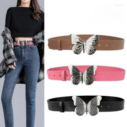 Belts Ins Silver Butterfly Genuine Leather Belt Women Fashion Cowskin Shiny Pin Buckle Female Jeans Dress Waistband 2023