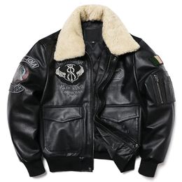 Men's Leather Faux Wool Collar Air Force Flight Jacket Natural Cowhide Genuine Coat Embroidery Jackets Fashion Motorcycle Cloth 231121
