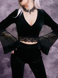 Women's Blouses 2024 Dark Mall Gothic Velvet Elegant Women Grunge Aesthetic Lace Hem V-neck Crop Tops Sexy Flare Sleeve Punk Alt T-shirt