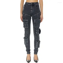 Women's Jeans 2023 Autumn American Retro Niche Design Washed Denim Pencil Pants Multi Pockets High Waisted Slim Cargo Woman Streetwear