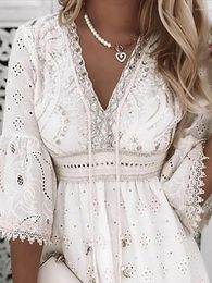 2024 Casual Dresses White Lace Dress Women V Neck Up Female Patchwork Three Quarter Sleeve Vacation Beach Ladies A-line Party