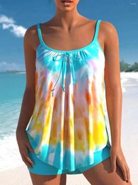 Women's Tracksuits Tie Dye Print Bowknot Cyan Tankini Short Two Pieces Suit Set Beach Casual Sleeveless Sexy A-Line Leisure Women Piece