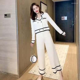 Women's Two Piece Pants Women Elegant Set Female Long Sleeve Sweater Crop Top Jacket Coat And Wide Leg Suit Casual Outfits G664