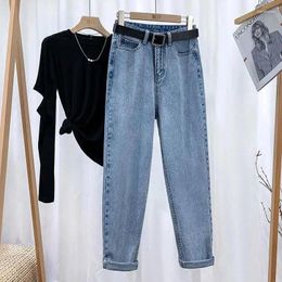 Women's Jeans Cotton Loose Office Lady Pockets Button Autumn Baggy For Women Casual Spring Black Harem Pants Korean Fashion Clothes