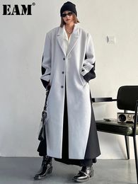 Women Blends EAM Grey Colour block Big Size Long Woollen Coat Lapel Sleeve Women Jacket Fashion Autumn Winter 2023 1DH2310 231121