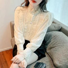 Women's Blouses Spring Sexy Lace Patchwork Embroidered Flares Shirt Fashion O-collar Long Sleeve Tops Button Crochet Blouse Women T340