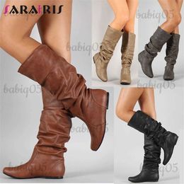 Boots SARAIRIS New Plus Size 34-51 Solid Pleated Slip On lady Height Increasing Shoes Woman Casual Party Winter Spring Mid Calf Boots T231121
