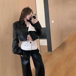 Women's Two Piece Pants 2024Autumn Fashion Designer Black White Parthwork Tops Short Faux Leather Jacket High Waist PU Zip Up Coat Set