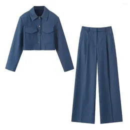 Women's Two Piece Pants 2023 Autumn Elegant Woman Front Pleats High Waist Female Long Sleeve With Flap Pockets Cropped Coat 2 Set