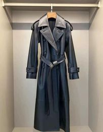 Women's Trench Coats 2023 Women Genuine Sheepskin Leather Coat Large Lapel Casual Long Windbreaker E60