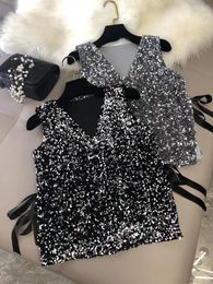 Women's Vests 2Colors 2023 Autumn Winter Loose Sleeveless Slit Sequin Vest With Shirt Lace Up Ladies Glitter Top Trendy