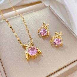 Necklace Earrings Set Luxury Bijoux Femme Cross Drop Pink Zircon Earring Sets Jewelry Stainless Steel Chain Para Mujer Wedding Gift For
