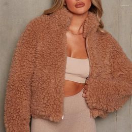 Women's Jackets Fashion Fleece Jacket Women Lamb Long Sleeve Fuzzy Cropped Zipper Pocket Turtleneck Fluffy Winter Coat Outfits White