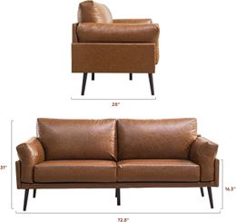 Vonanda Flora Sofa, Faux leather sofa Caramel, 3 seat sofa with soft cloud cushion, 72 inch sofa durable in small space, house, living room