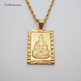 Pendant Necklaces Foromance 2 STYLES YELLOW GOLD PLATED 24INCH ROPE NECKLACE RECTANGLE SHAPE WITH BUDDHA BUDDHISM GUANYIN