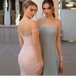 Beautiful Pink Mermaid Satin Transparent Long Sleeves Special Occasions Evening Dress Women's Prom Birthday Party Gown