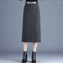 Skirts Autumn Winter Women's High Waist Long Skirt Woman Open Fork Woollen Midi Solid Elegant Ladies Pencil With Belt P92