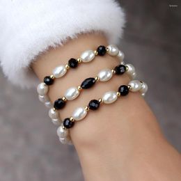 Strand Vintage Black Crystal Bead Bracelet Women Simple Handmade Imitation Pearl For Jewellery Gift