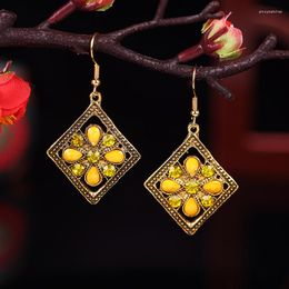 Dangle Earrings Ethnic Antique Gold Color Rhombus Acrylic Rhinestone Flower Hanging For Women Boho Retro Hollow Jhumka Jewelry