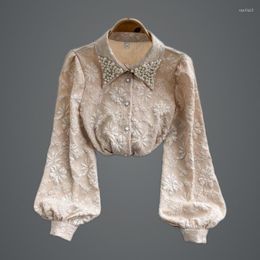 Women's Blouses Women's Blouse Shirt French Vintage Jacquard Celebrity Temperament Studded Polo Collar Elegant Loose Sleeve Top