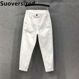 Women's Jeans Women's Ankle-length Faux Jeans Spring Fall White Denim Pants Baggy Casual Harem Vaqueros Elastic High Waist Straight Trousers 231121