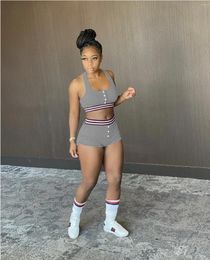 Women's Tracksuits Summer Spandex Sports Casual Sexy Short Vest Sleeveless Exposed Navel Shorts Suit Sunken Stripe Tube Top 2-Piece