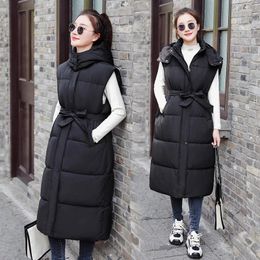 Women's Vests 2024 Women Long Vest Solid Hooded Cotton Sleeveless Puffer Jacket Korean Fashion Slim Fit With Belt Waistcoat Outwear