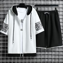 Men's Tracksuits Men Sets 2 Pieces Tracksuit Summer Short Sleeve Hooded Tops Shorts Streetwear Loose Mens Suit Casual Zipper Hip Hop Sportswear 230421