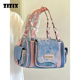 Evening Bags Women Blue Pink Top-handle Bag Large Capacity Girls Y2k Denim Boston Bag Designer Crossbody Handbag Multi-pocket Tie-dyed Bags 231121