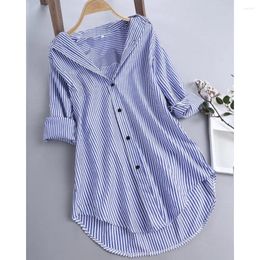 Women's Blouses Fashion Striped Long Sleeved Loose Fitting Shirt For Casual Lapel Pocket Patchwork Irregular Blouse Femme Spring Summer