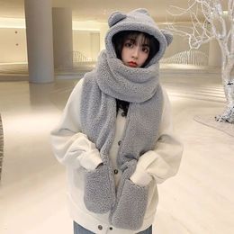 Hats Scarves Sets Balaclava With Ears Hat Scarf Gloves Set Winter Women Novelty Caps Warm Casual Plush Solid Fleece Girl Kawaii Accessories 231121